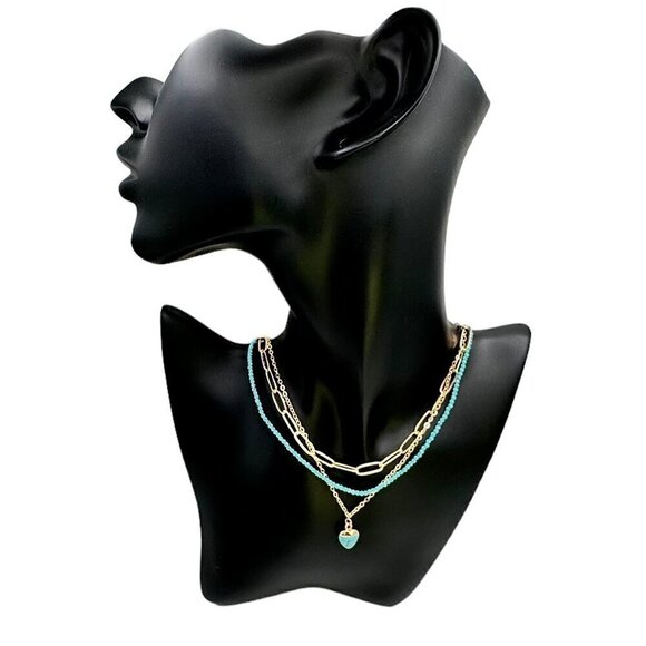 NWT Layered Heart Pendant Necklace Set 3PCs 14K Gold Plated Turquoise Boho - Picture 5 of 9